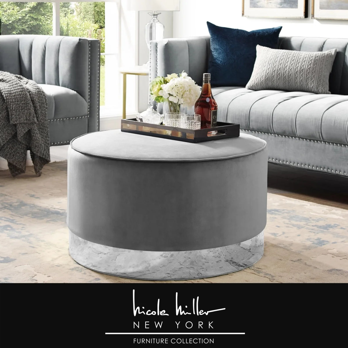 Leather or Velvet Cocktail Ottoman with Chrome or Gold Trim Base R870295