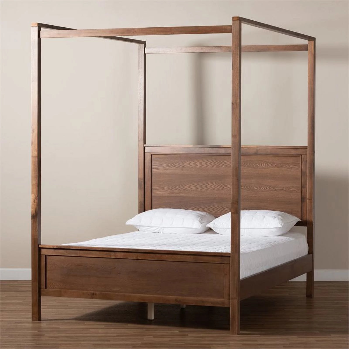 Queen Size Walnut Finished Wood Canopy Bed Q552