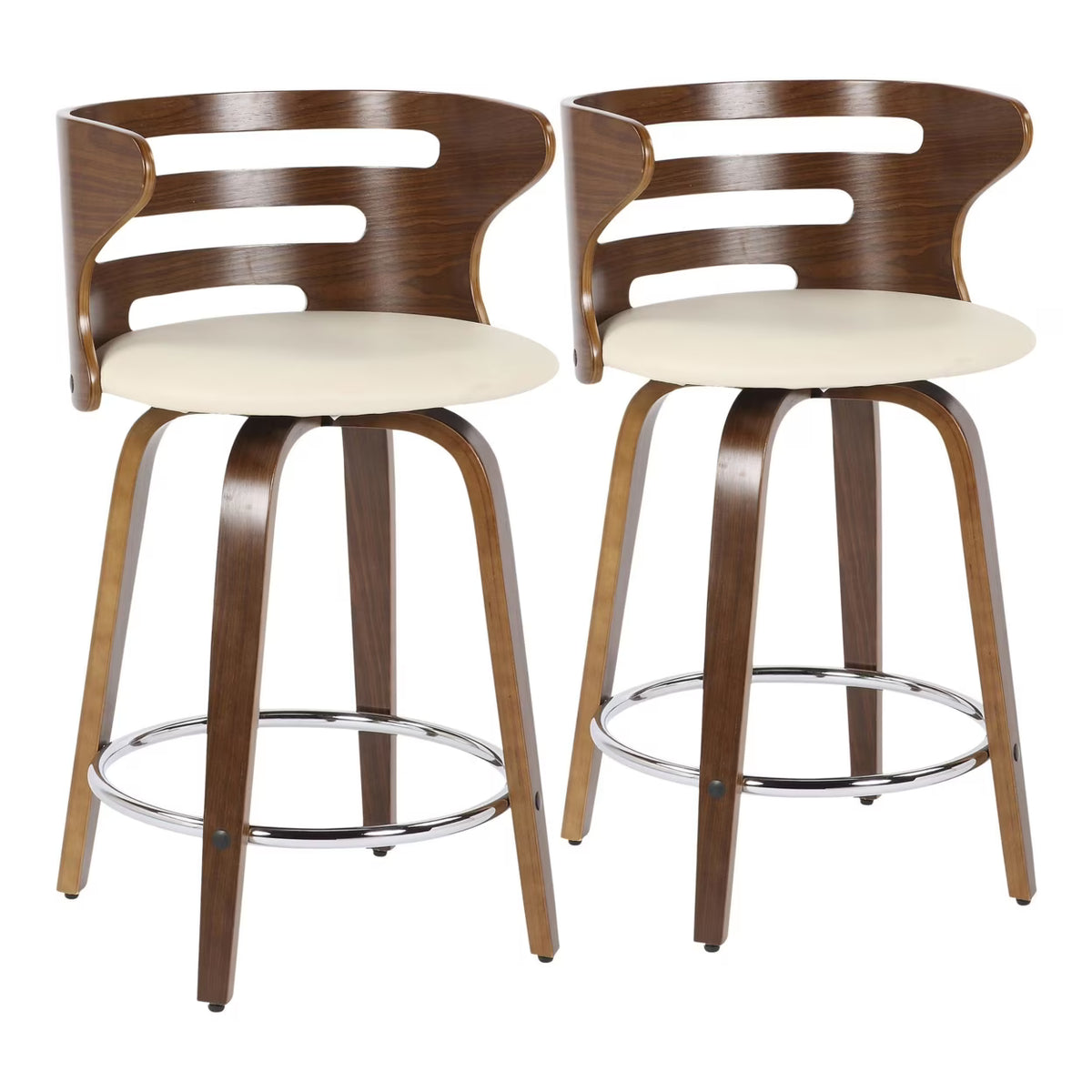 Mid-Century Modern Counter Stool With Swivel In Walnut And Cream Faux Leather - Set Of 2 Y174