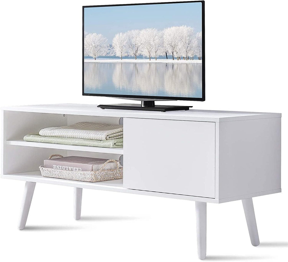 White Wood TV Stand with Shelves S7354