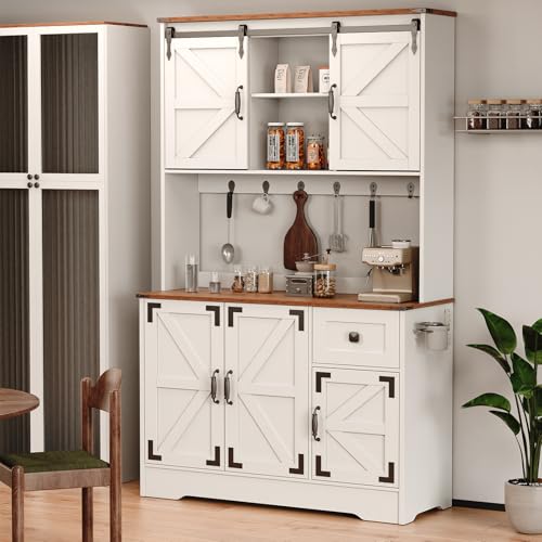 White Kitchen Pantry Cabinet with Charging Station and Microwave Stand C589164