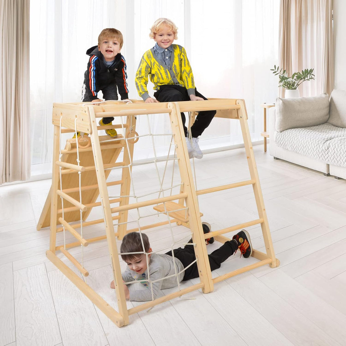 Wood Playset 9-in-1 with Slide, Basketball, Swing, Jungle Gym, Swedish Ladder, Monkey Bars, Rope Ladder, Rock Wall Dome C193550