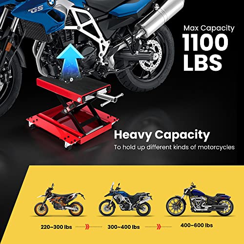 1100 Lbs Steel Wide Deck Motorcycle Lift Scissor Jack with Dolly and Hand Crank Black L43969