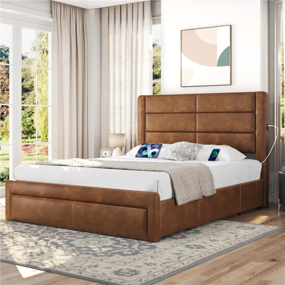 Upholstered Queen Bed with 3 Storage Drawers and USB Ports T52474