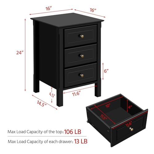 Black Bedside Table Set of 2 with 3 Drawer and Solid Wood Legs A4389