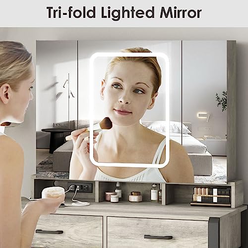 Vanity Desk with Lighted Tri-Fold Mirror and 2 Drawers W504