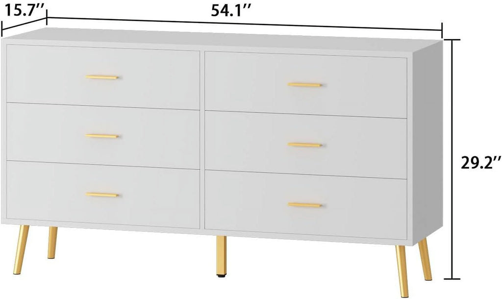 White 6 Drawer Dresser with Gold Metal Legs E2623