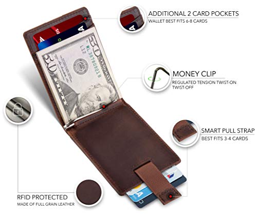 RFID Blocking Slim Bifold Genuine Leather Front Pocket Wallets with Money Clip Y585