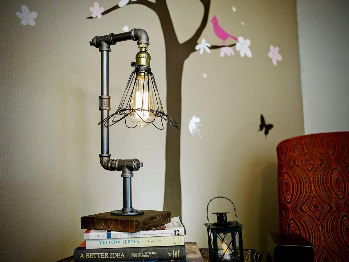 Steampunk Water Piping Desk Top Table Lamp Real Wood Base Edison Iron Retro Lamp E238