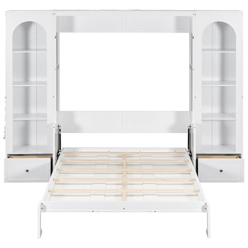 White Queen Size Wood Murphy Bed with Desk and Storage Q322931