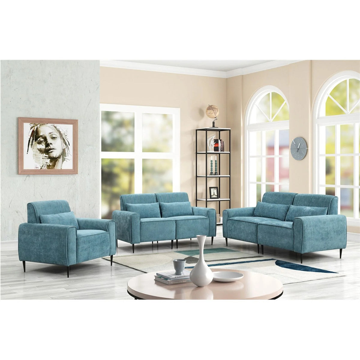 Blue Chenille Sofa Loveseat Chair Set D700