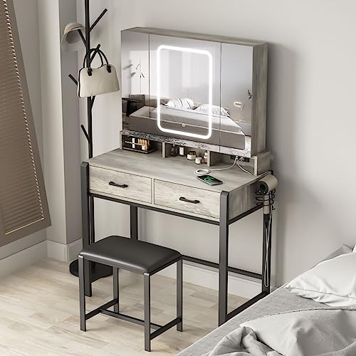 Vanity Desk with Lighted Tri-Fold Mirror and 2 Drawers W504