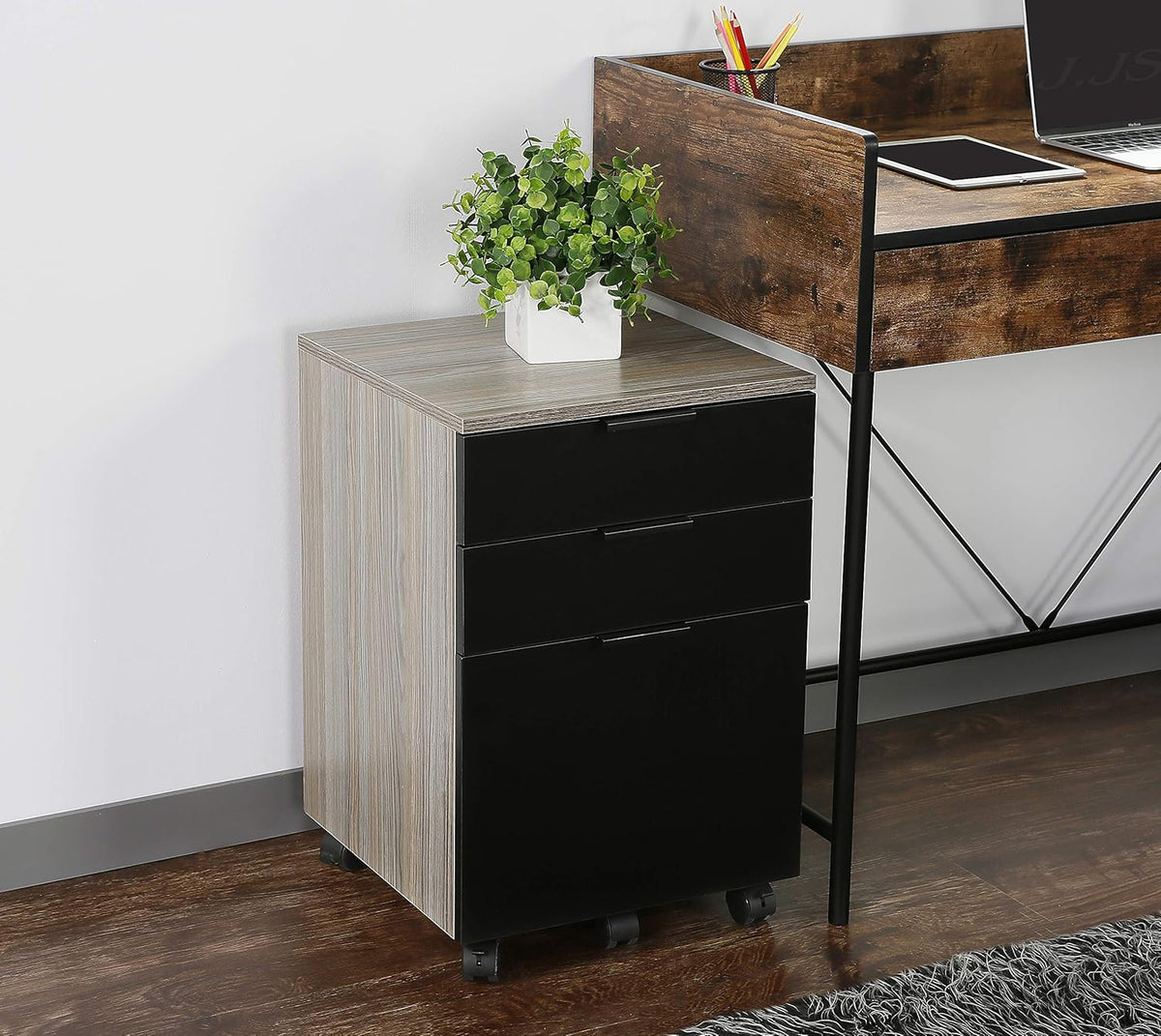 3 Drawer Rolling Wood File Cabinet with Locking Wheels, Black A212