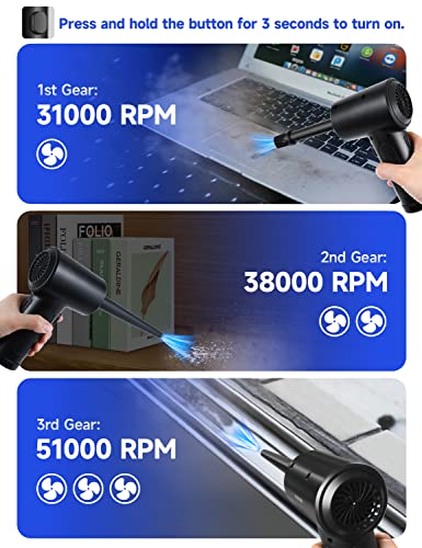Compressed Air Duster 3-Gear 51000RPM Cordless Rechargeable LED Light Black L1518