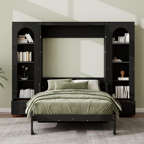 White Queen Size Wood Murphy Bed with Desk and Storage Q322931