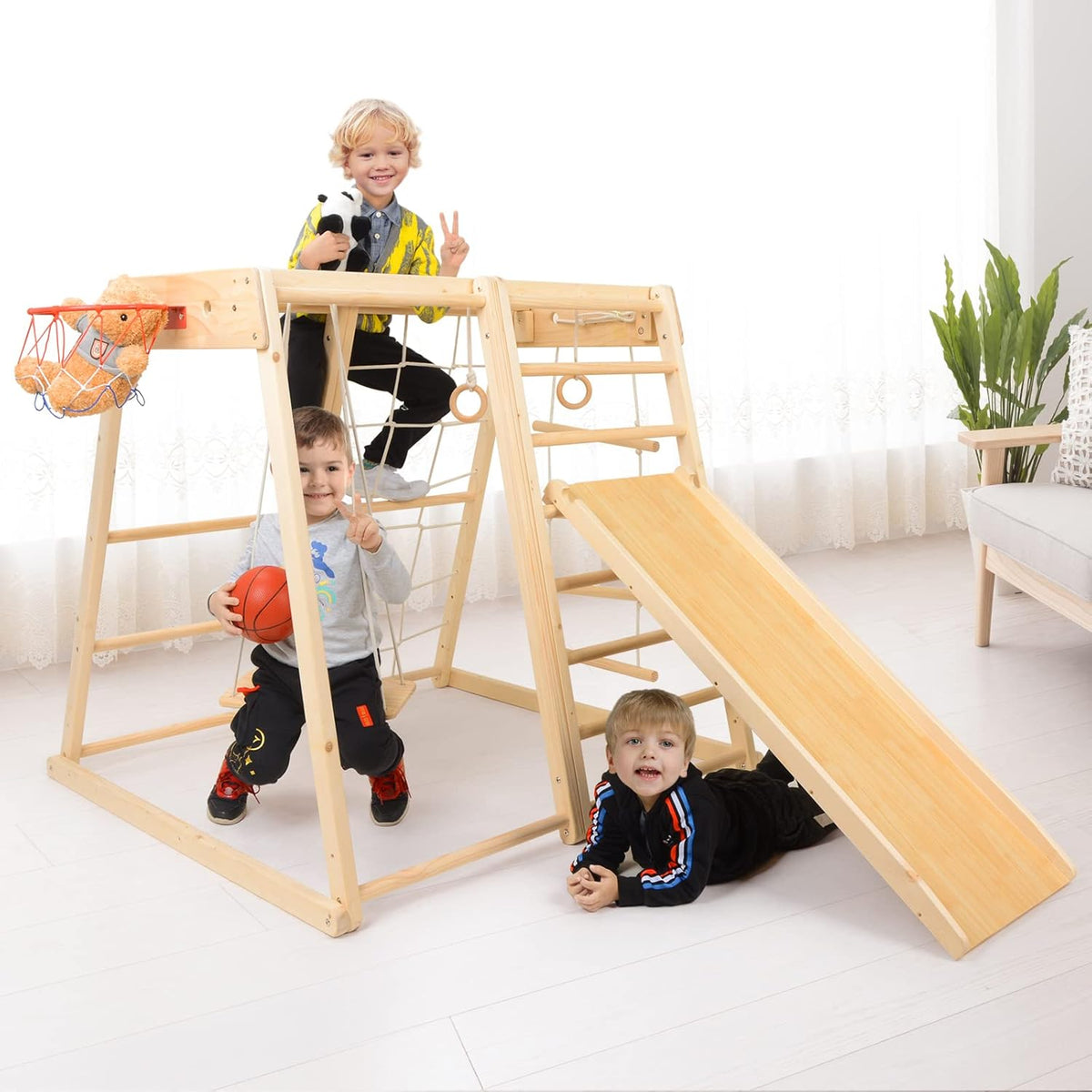 Wood Playset 9-in-1 with Slide, Basketball, Swing, Jungle Gym, Swedish Ladder, Monkey Bars, Rope Ladder, Rock Wall Dome C193550