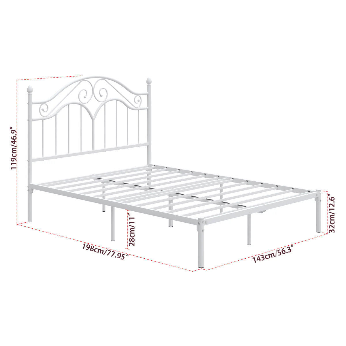 White Full Size Metal Platform Bed Frame with Vintage Headboard I43335