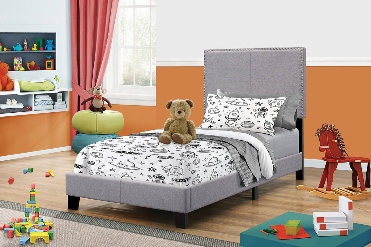 Twin Upholstered Bed in Grey V9522