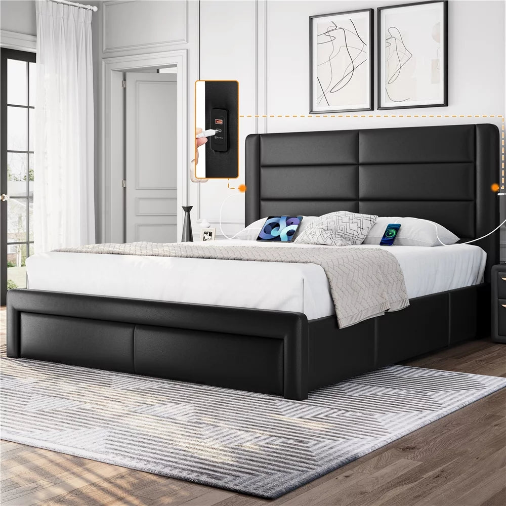 Upholstered Queen Bed with 3 Storage Drawers and USB Ports T52474