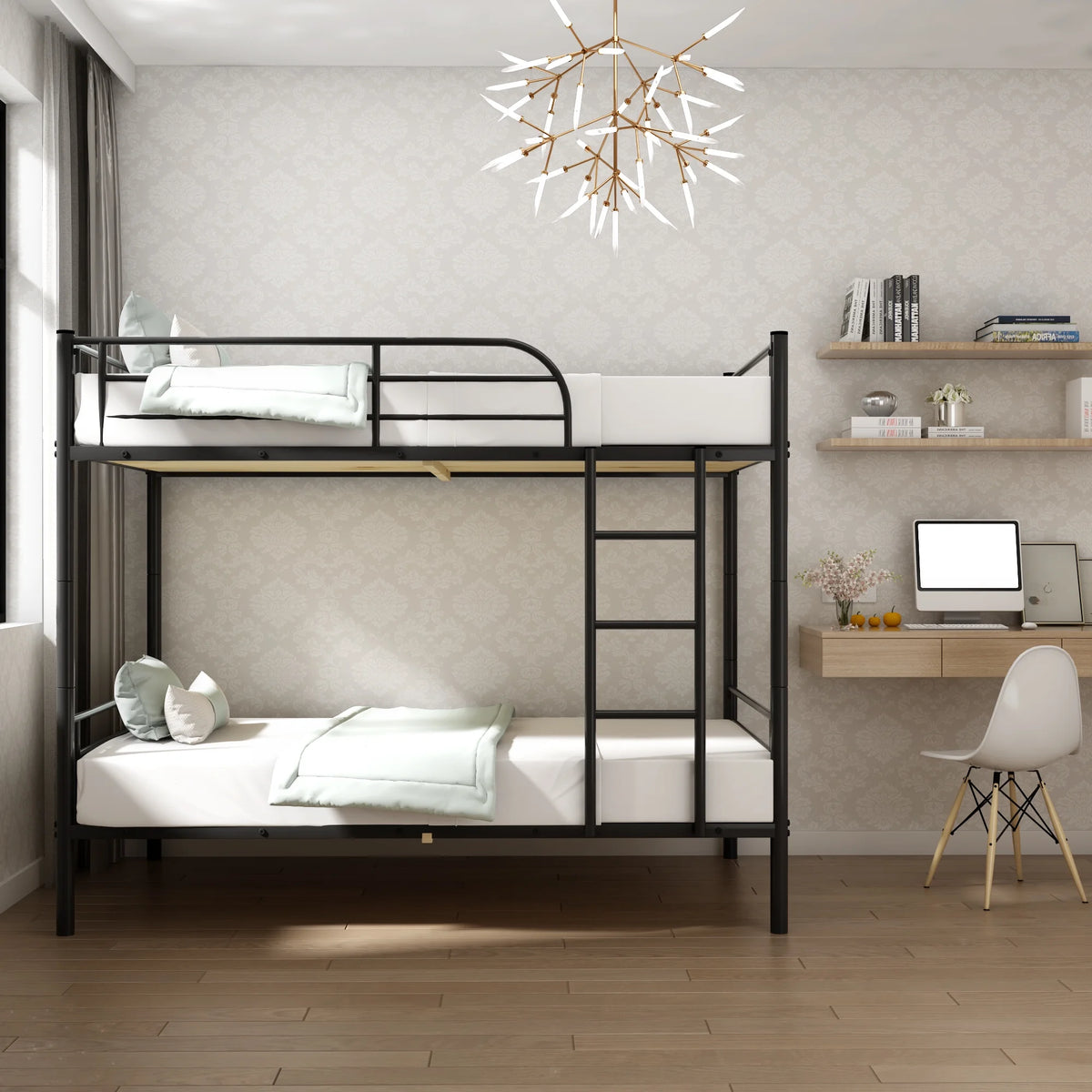 Twin over Twin Metal Bunk Bed with Ladder and Safety Rail W12326