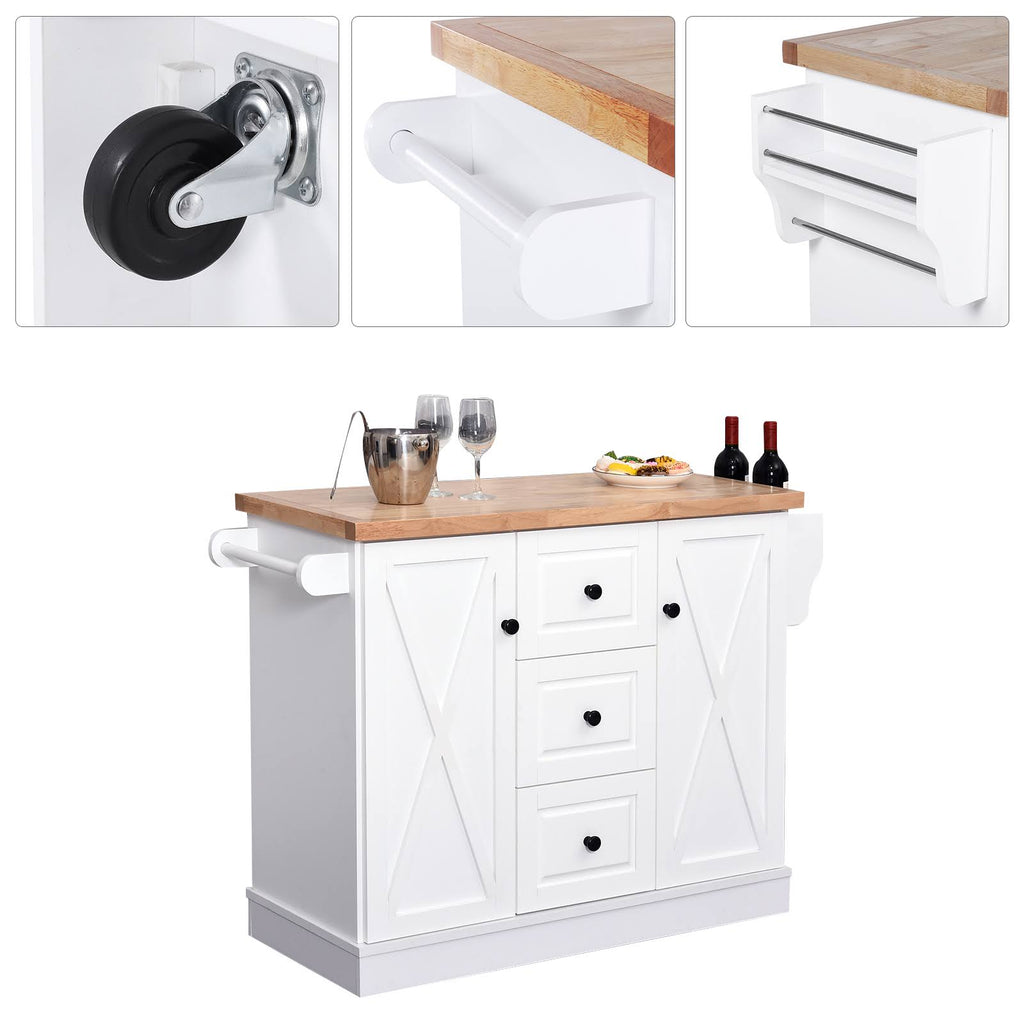 Portable Wooden Kitchen Island Cart with Drawers and Wheels White C143859
