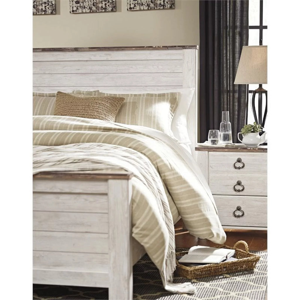 White Wood Queen Panel Bed with Headboard F601626