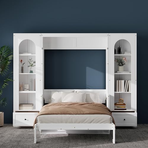 White Queen Size Wood Murphy Bed with Desk and Storage Q322931