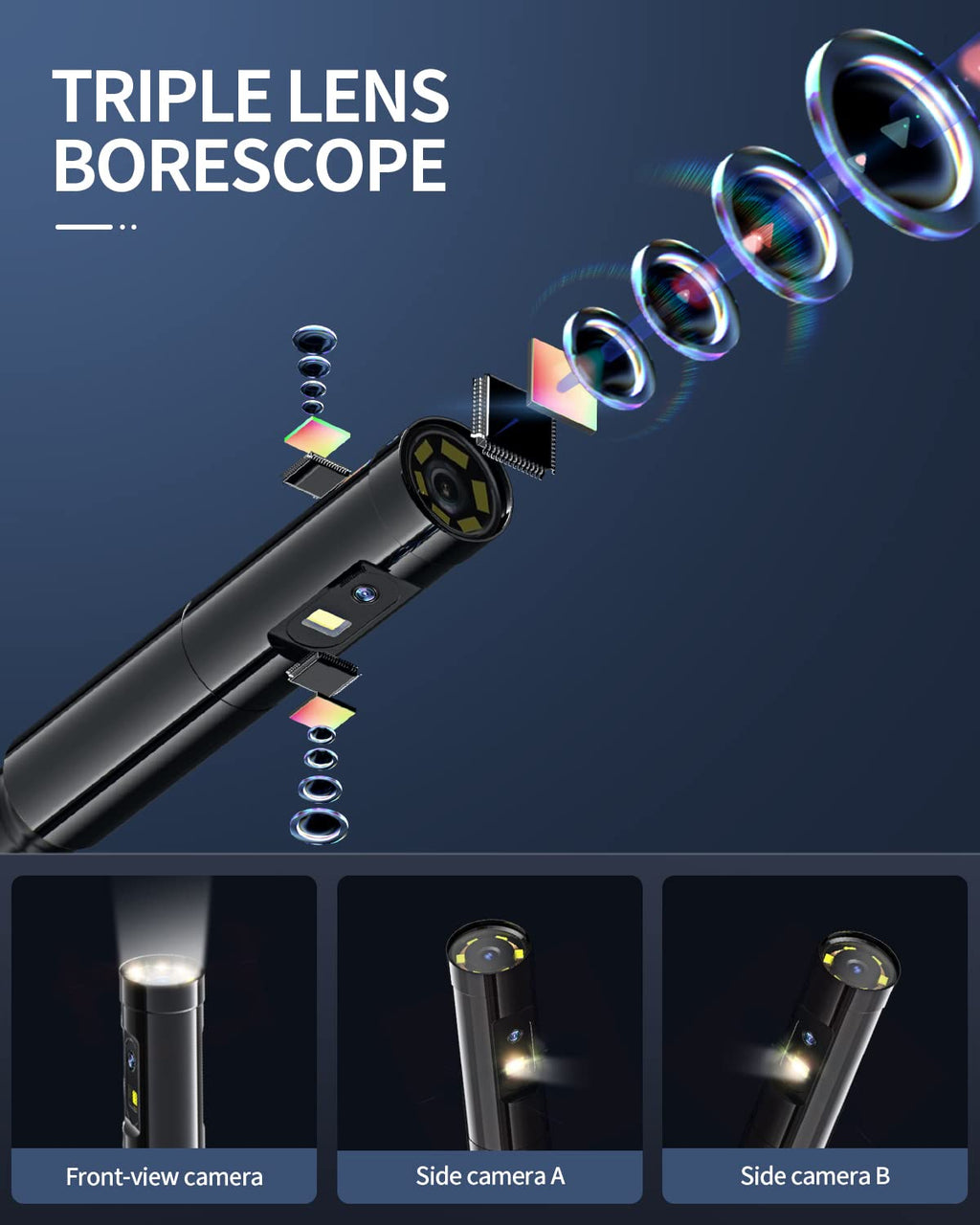 Triple-Lens Borescope Inspection Camera with Light, 16.4ft Waterproof Flexible Cable S5867