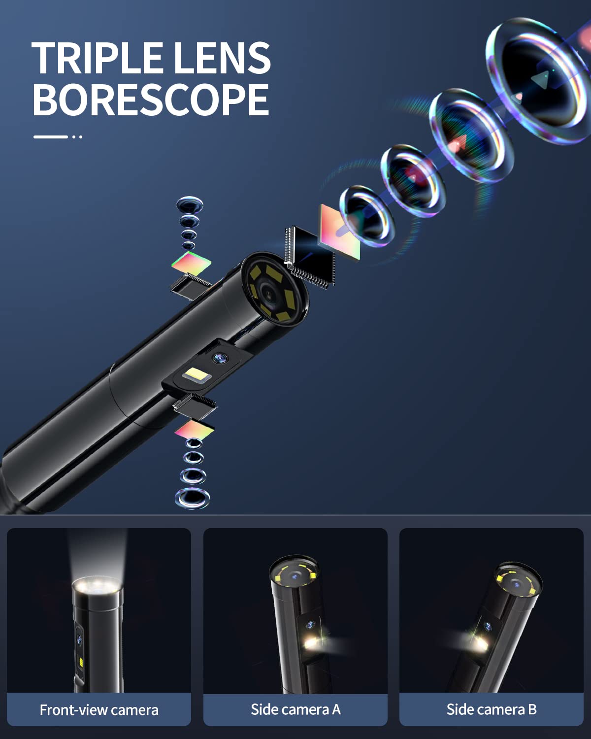 Triple-Lens Borescope Inspection Camera with Light, 16.4ft Waterproof Flexible Cable S5867