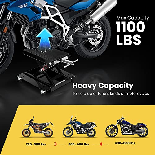 1100 Lbs Steel Wide Deck Motorcycle Lift Scissor Jack with Dolly and Hand Crank Black L43969