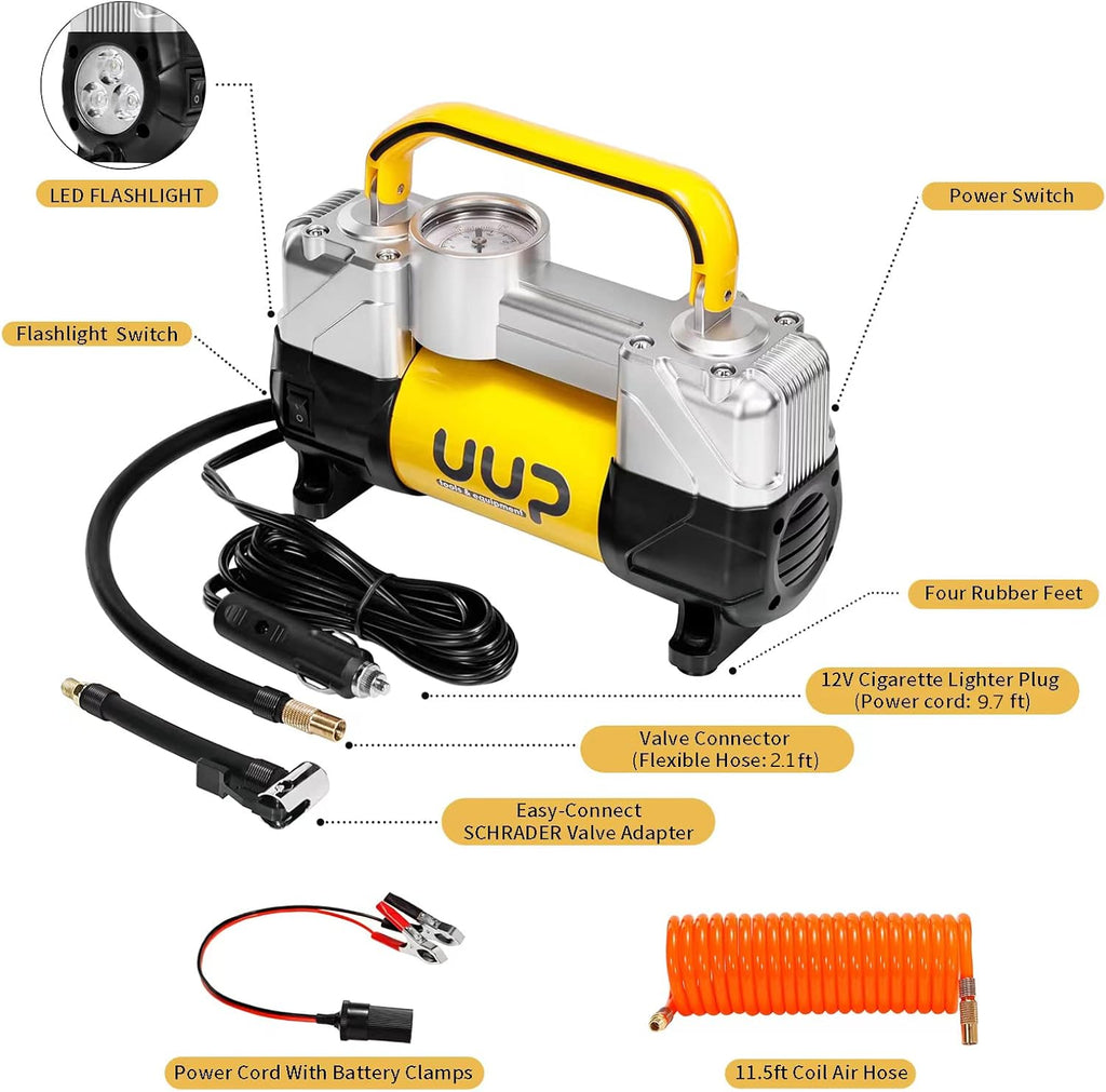 Portable Air Compressor Tire Inflator, Double Cylinders, 12V DC, Metal Air Pump, LED Light, Pack of 2 O1104