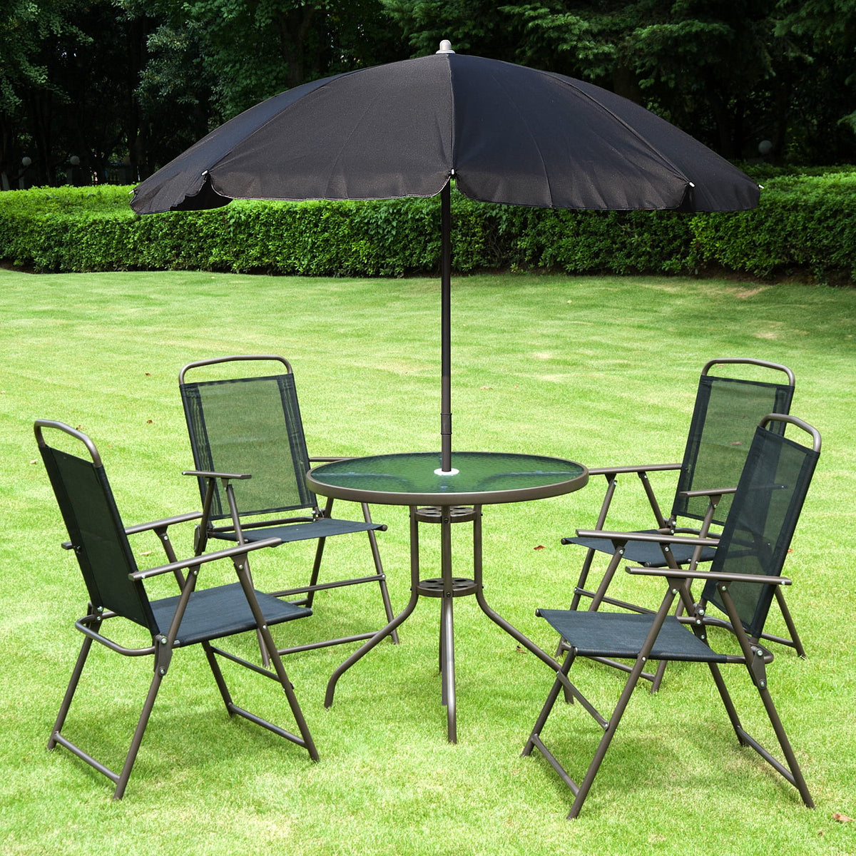 6 Piece Patio Dining Set with Umbrella, Black J5673