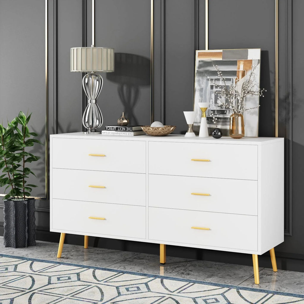 White 6 Drawer Dresser with Gold Metal Legs E2623