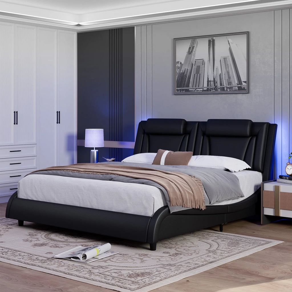 White Queen LED PU Leather Upholstered Platform Bed G546649
