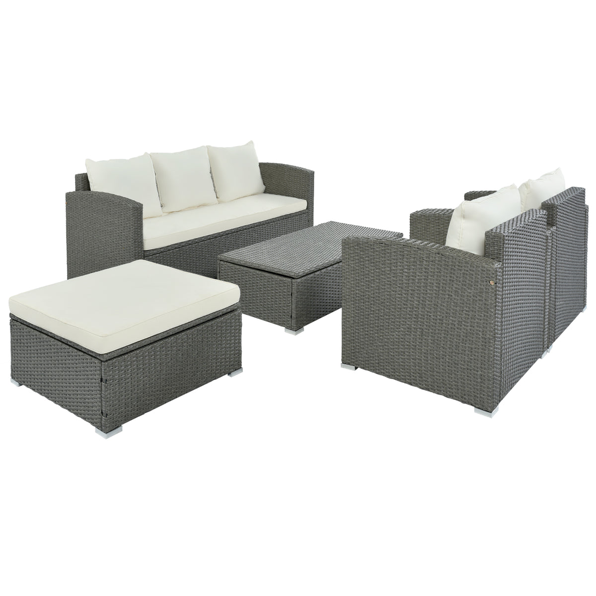 Gray Wicker Beige Cushion 5-Piece PE Rattan Sectional Sofa Set Z806708