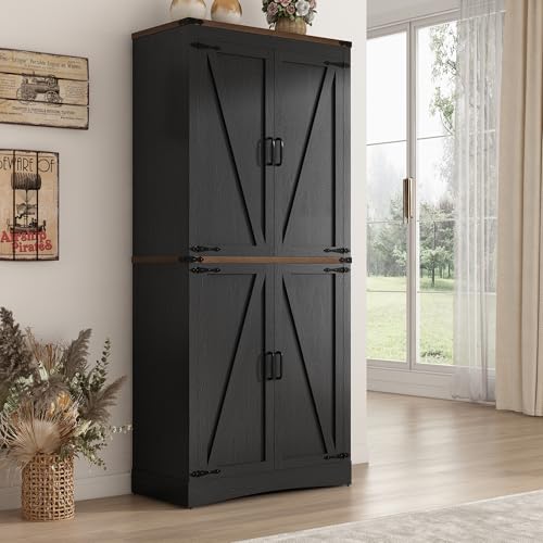 71" Tall Kitchen Pantry Storage Cabinet with 4 Barn Doors M649
