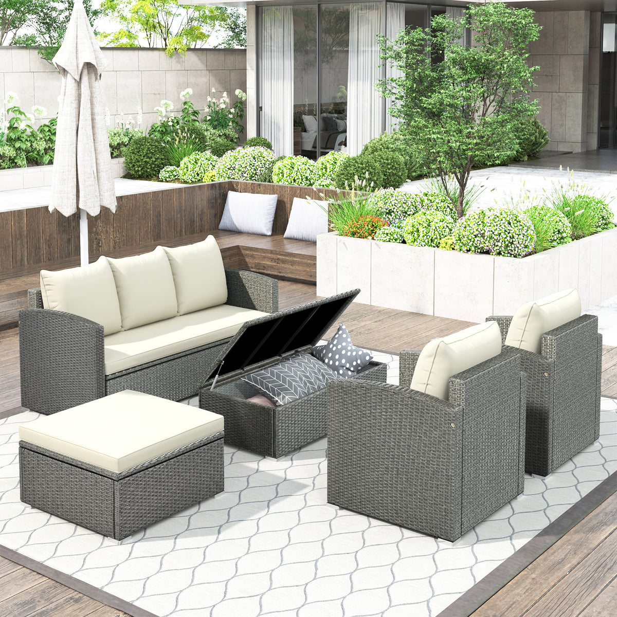 Gray Wicker Beige Cushion 5-Piece PE Rattan Sectional Sofa Set Z806708