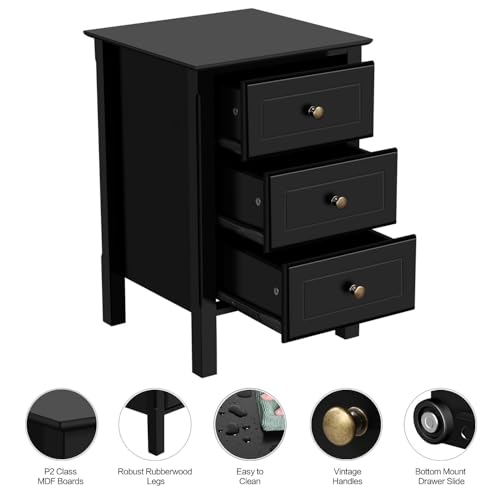 Black Bedside Table Set of 2 with 3 Drawer and Solid Wood Legs A4389