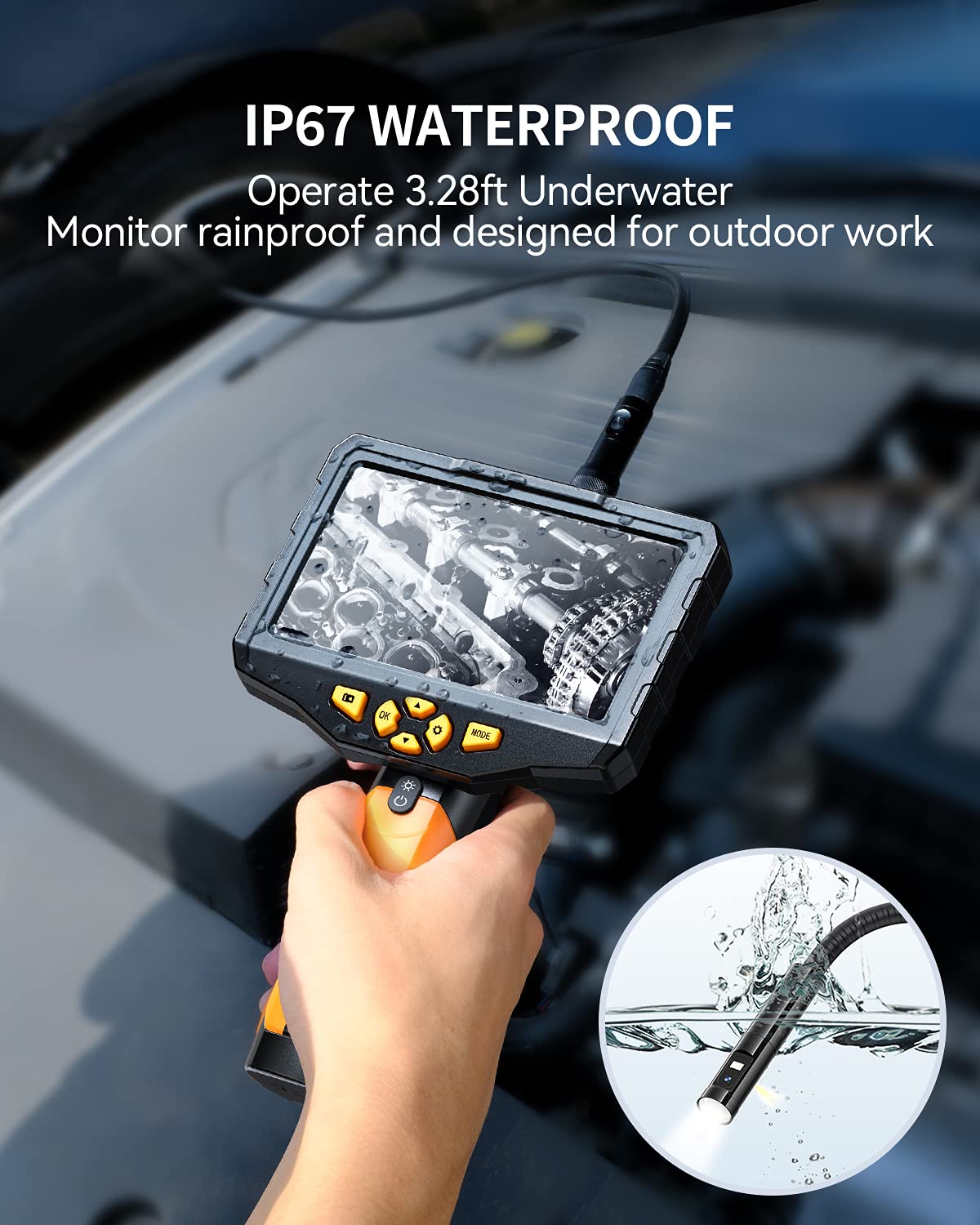 Triple-Lens Borescope Inspection Camera with Light, 16.4ft Waterproof Flexible Cable S5867
