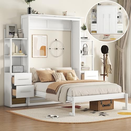 Queen Size Solid Wood Murphy Bed with Shelves and LED Lights U9459