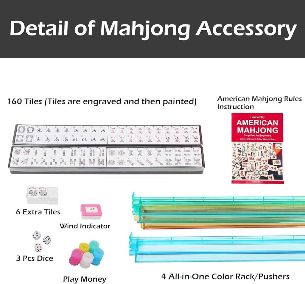166 White Tiles Mahjong Game Set with 4 Color Rack Pushers, Black Carrying Bag, Mat with 3 Dice X16296