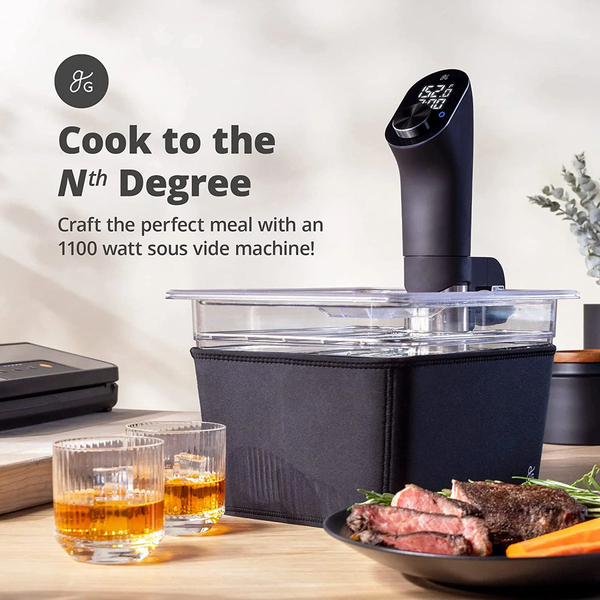 1100 Watt Sous Vide Cooker with Plastic Container, Lid, and Neoprene Sleeve L8028
