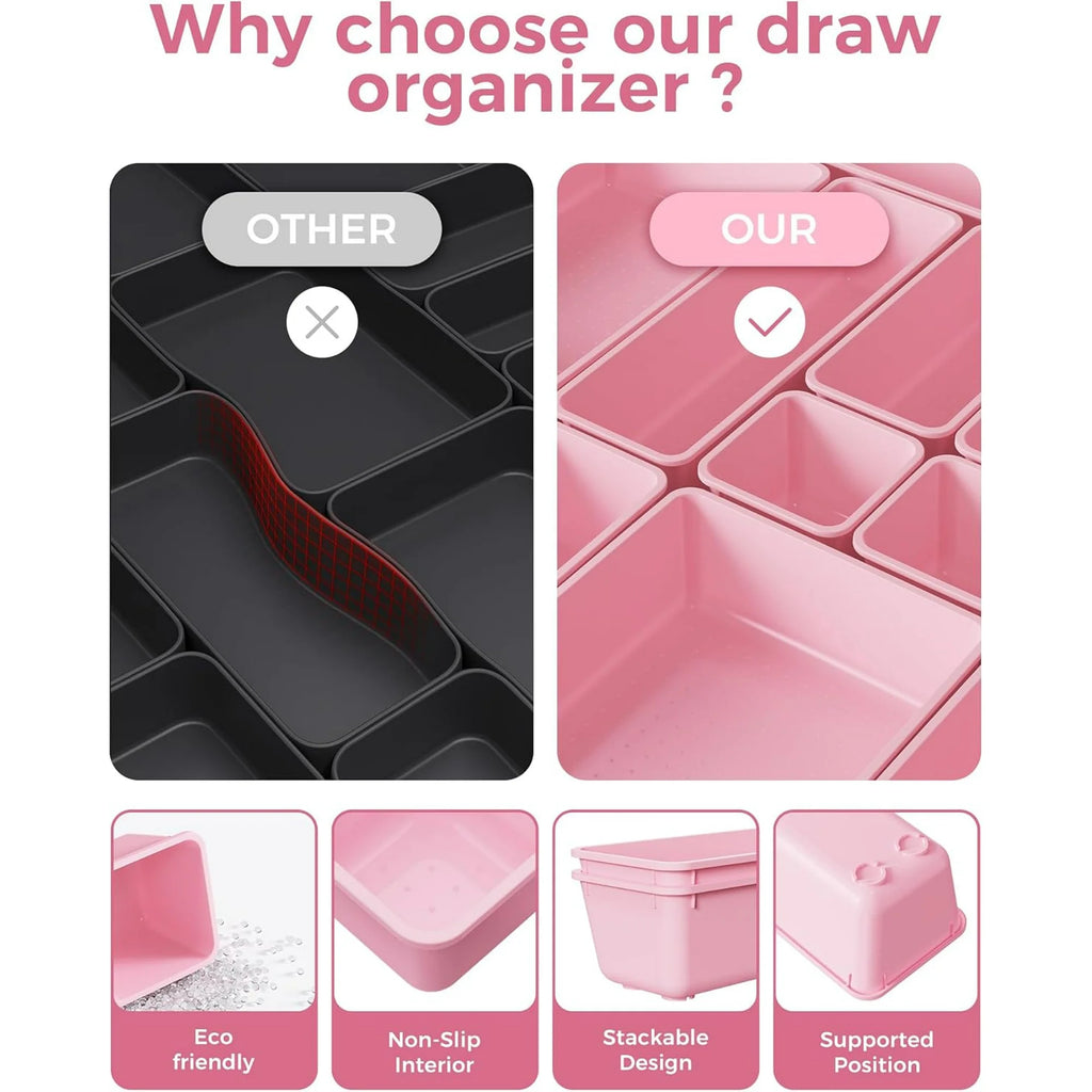 25 PCS Plastic Drawer Organizers Set, 4-Sizes (Pink) O70032