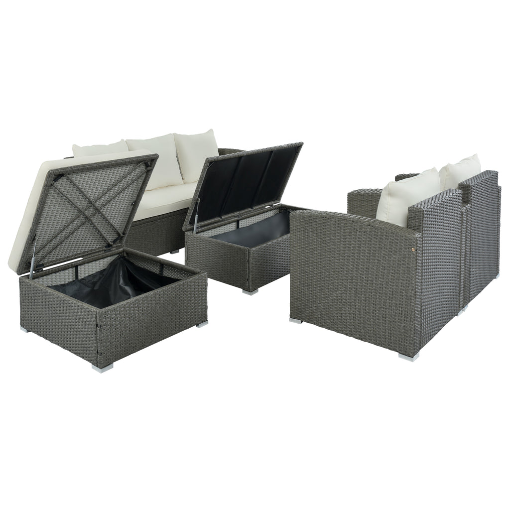 Gray Wicker Beige Cushion 5-Piece PE Rattan Sectional Sofa Set Z806708