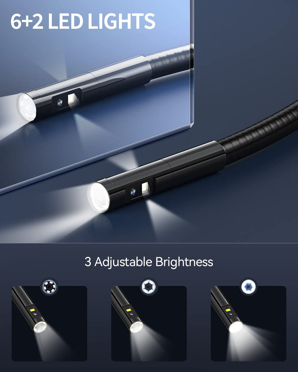 Triple-Lens Borescope Inspection Camera with Light, 16.4ft Waterproof Flexible Cable S5867