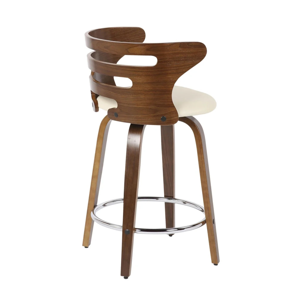 Mid-Century Modern Counter Stool With Swivel In Walnut And Cream Faux Leather - Set Of 2 Y174