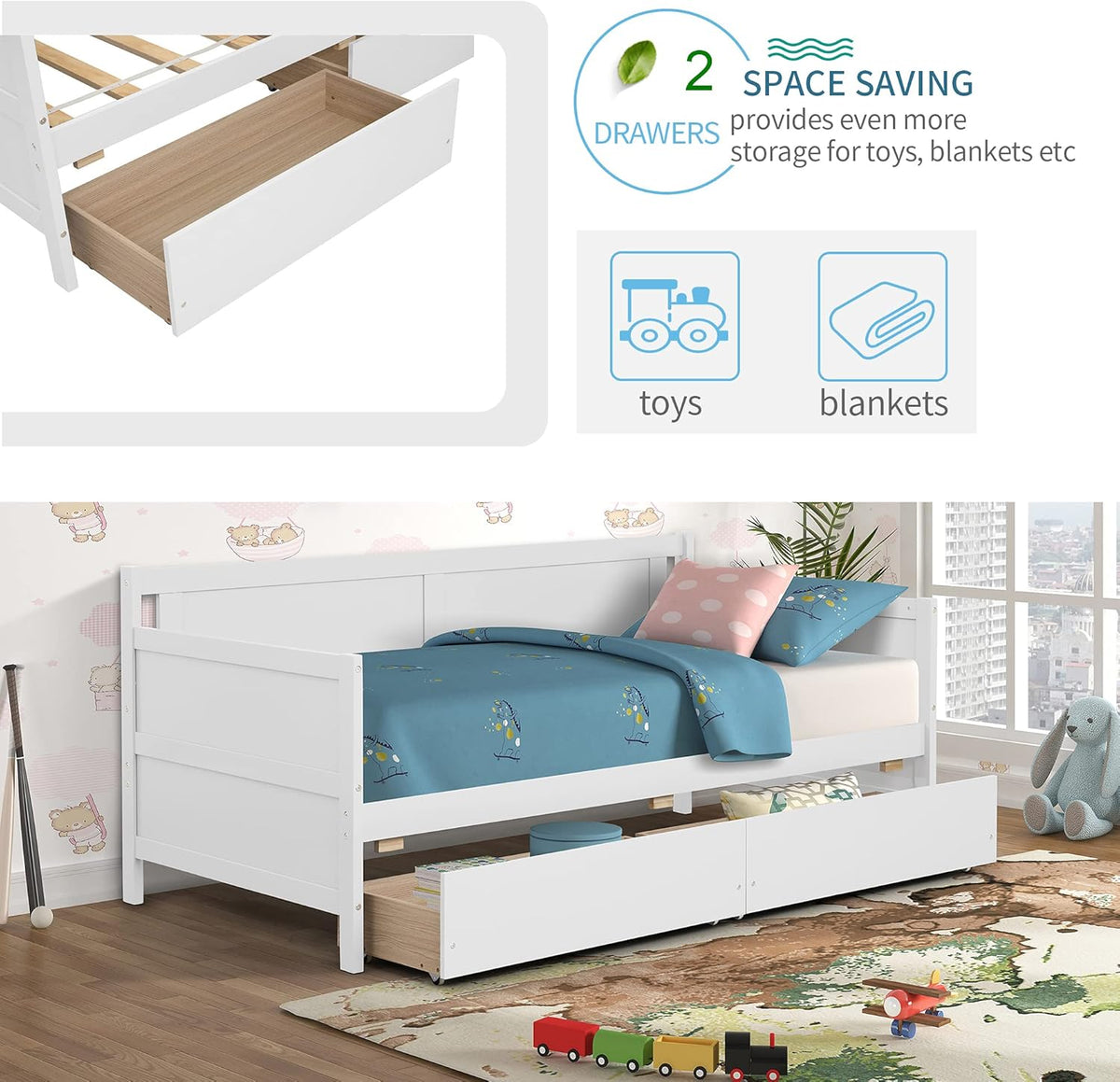 Twin White Daybed Frame with 2 Storage Drawers L223838