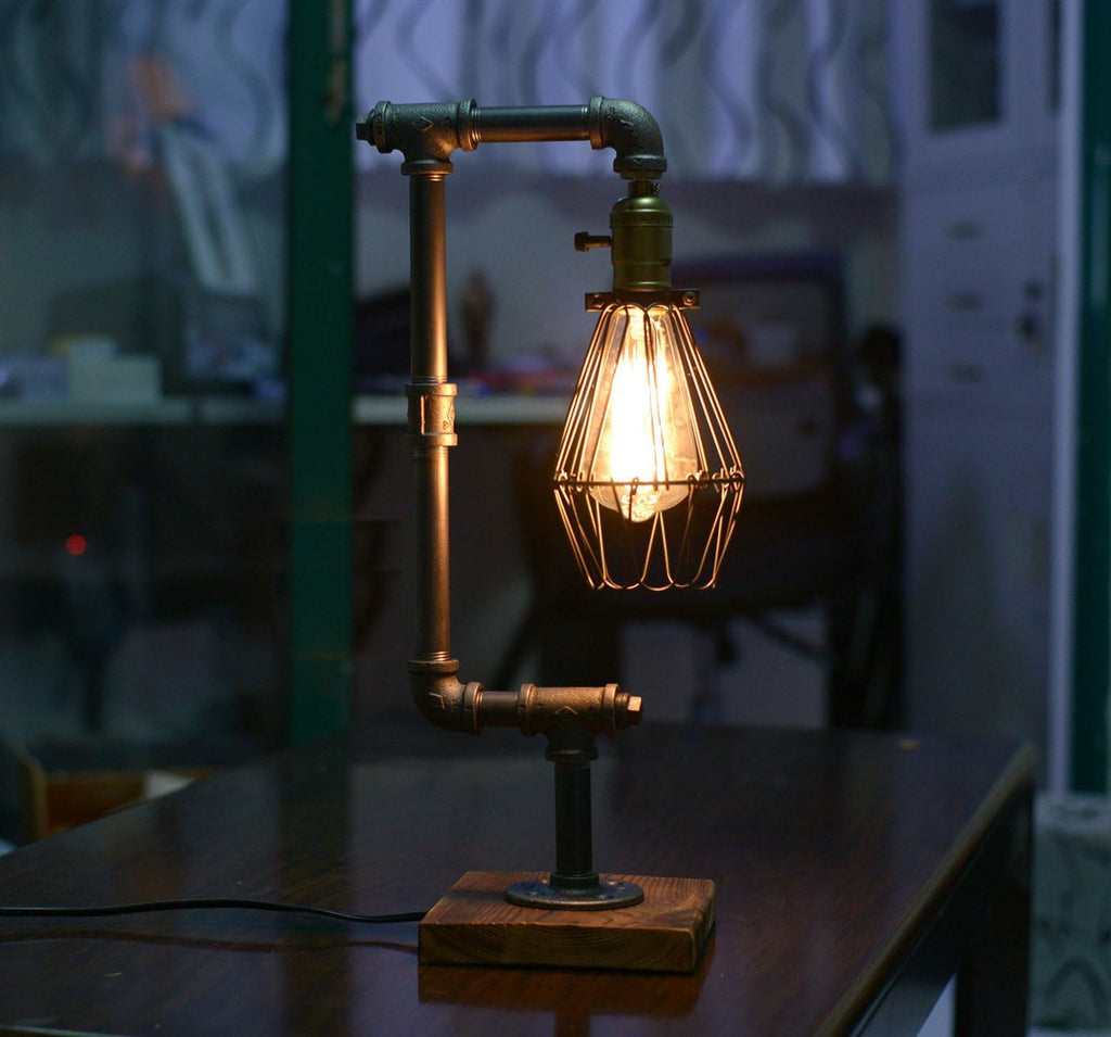 Steampunk Water Piping Desk Top Table Lamp Real Wood Base Edison Iron Retro Lamp E238