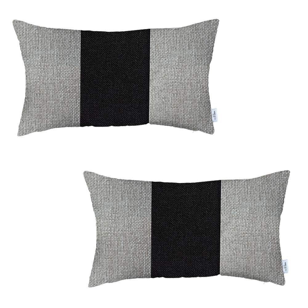 Set Of Two 20" X 12" Grey And Black Geometric Polyester Lumbar Pillow L7097