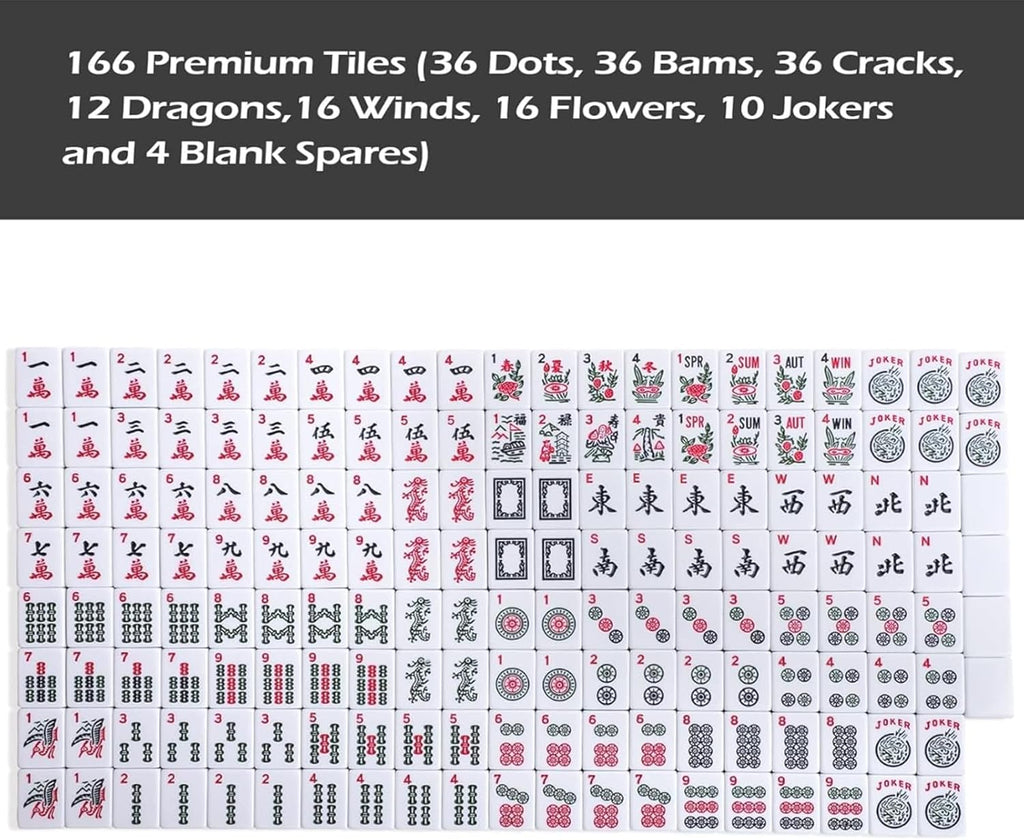 166 White Tiles Mahjong Game Set with 4 Color Rack Pushers, Black Carrying Bag, Mat with 3 Dice X16296